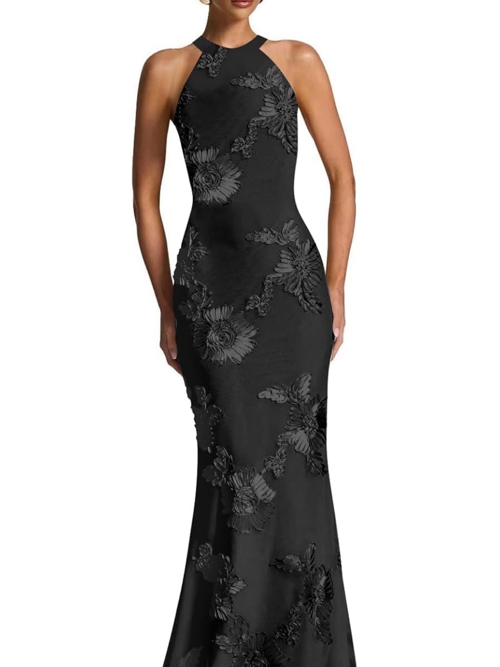 Black Floral Jacquard Halter Maxi Dress